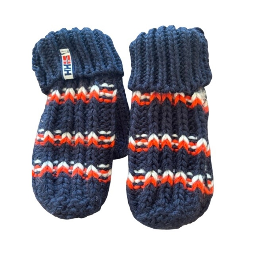 Helly Hansen Navy Blue Orange Fair Isle Chunky Knit Mittens Ribbed Cuff